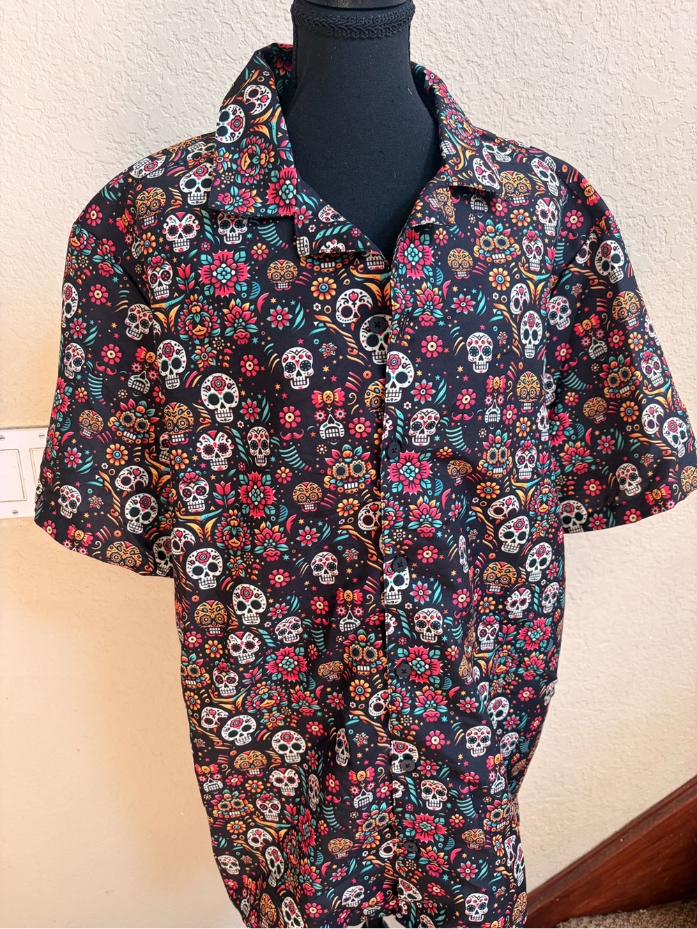 Black Floral Sugar Skull Casual Button-Down Shirt